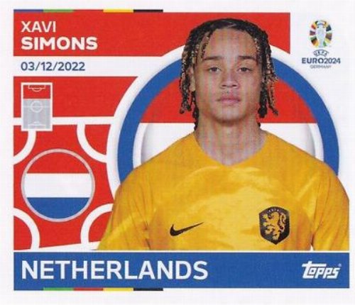 Topps - UEFA Germany Euro 2024 Αυτοκόλλητο - NED 17.
Xavi Simons (Netherlands)