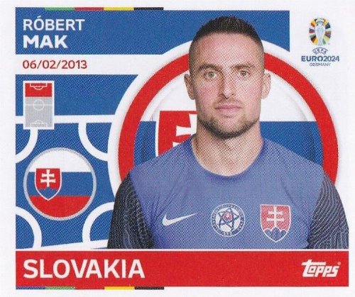 Topps - UEFA Germany Euro 2024 Αυτοκόλλητο - SVK 20.
Róbert Mak (Slovakia)