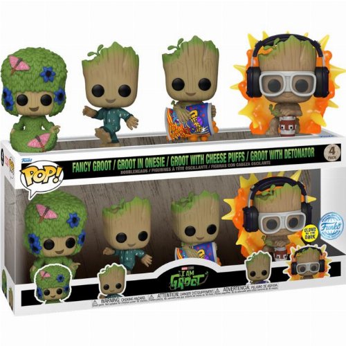 Figures Funko POP! Marvel: I Am Groot - Fancy
Groot, Groot in Onesie, Groot with Cheese Puffs, Groot with
Detonator (GITD) 4-Pack (Exclusive)