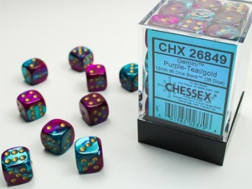 Σετ Ζάρια - 36 Gemini 12mm Pipped d6 - Purple-Teal
with Gold Dice Block