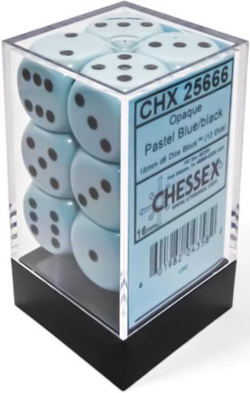 12 Opaque 16mm Pipped d6 - Pastel Blue with
Black Dice Block