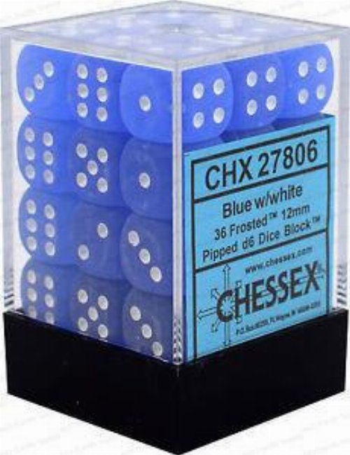 36 Signature 12mm Pipped d6 - Frosted Blue with
White Dice Block