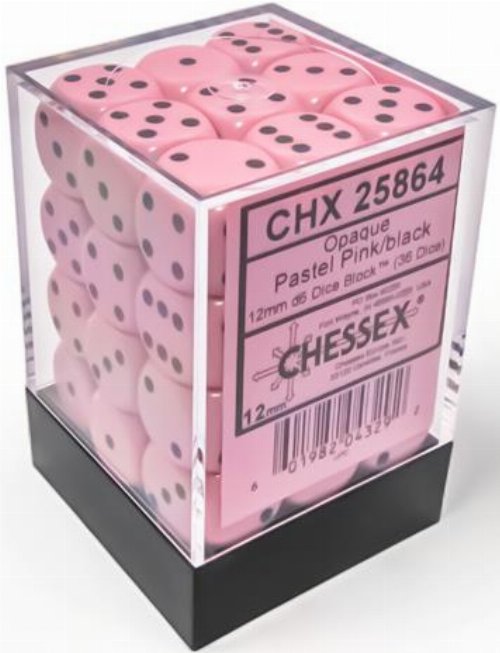 36 Opaque 12mm Pipped d6 - Pastel Pink with
Black Dice Block