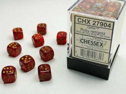 36 Signature 12mm Pipped d6 - Glitter Ruby with
Gold Dice Block