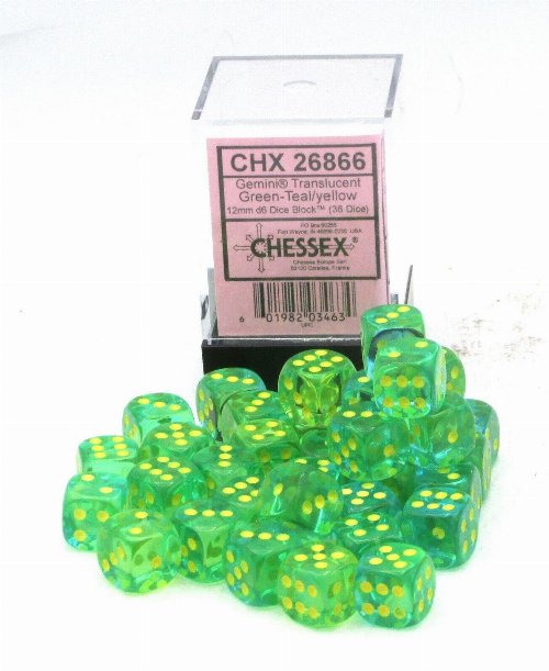 36 Signature 12mm Pipped d6 - Translucent
Green-Teal with Yellow Dice Block