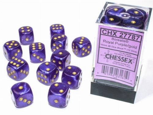 Σετ Ζάρια - 12 Borealis 16mm Pipped d6 - Royal Purple
with Gold Luminary Dice Block