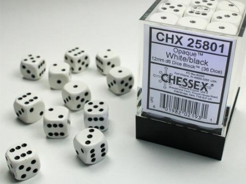 Σετ Ζάρια - 36 Opaque 12mm Pipped d6 - White w/black
Dice Block