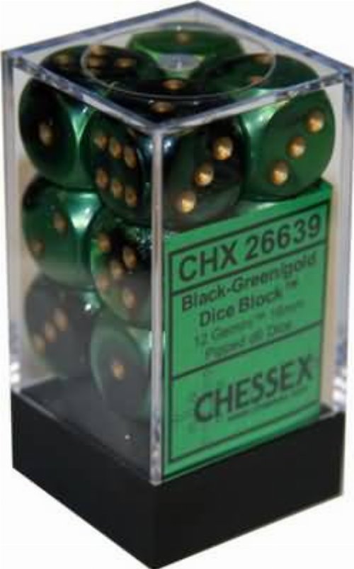 Σετ Ζάρια - 12 Gemini 16mm Pipped d6 - Black-Green
with Gold Dice Block