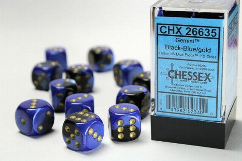 12 Gemini 16mm Pipped d6 - Black-Blue with Gold
Dice Block