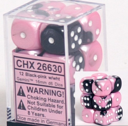 Σετ Ζάρια - 12 Genimi 16mm d6 - Black-Pink with
White