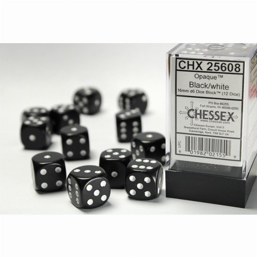 12 Opaque 16mm Pipped d6 - Black w/white Dice
Block