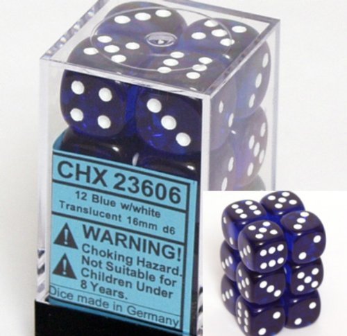 12 Translucent 16mm Pipped d6 - Blue with White
Dice Block