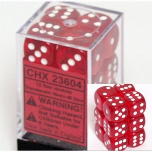 Σετ Ζάρια - 12 Translucent 16mm Pipped d6 - Red with
White Dice Block