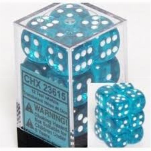 Σετ Ζάρια - 12 Translucent 16mm Pipped d6 - Teal with
White Dice Block