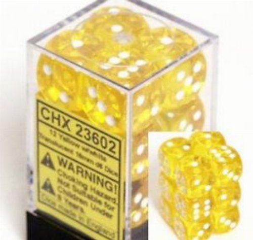 12 Translucent 16mm Pipped d6 - Yellow with
White Dice Block