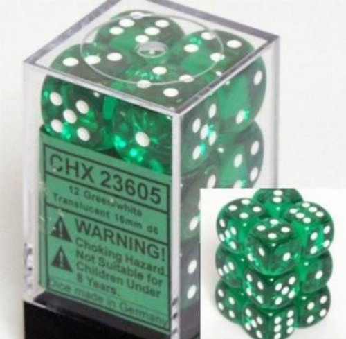 Σετ Ζάρια - 12 Translucent 16mm Pipped d6 - Green with
White Dice Block