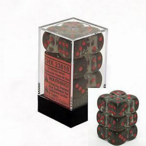 Σετ Ζάρια - 12 Translucent 16mm Pipped d6 - Smoke with
Red Dice Block