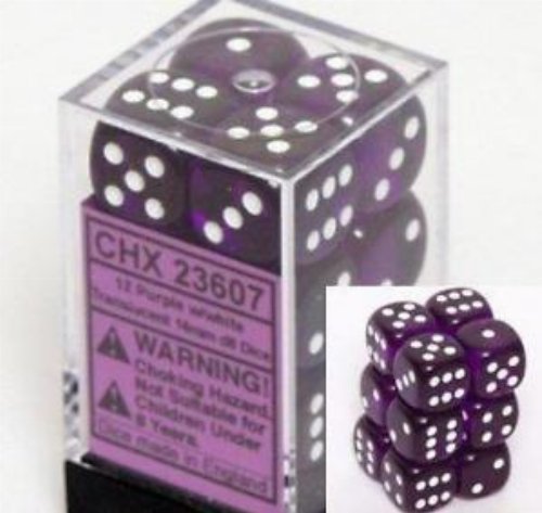 Σετ Ζάρια - 12 Translucent 16mm Pipped d6 - Purple
with White Dice Block