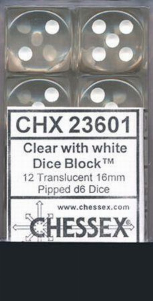 Σετ Ζάρια - 12 Dice Set Translucent 16mm Pipped d6 -
Clear with White