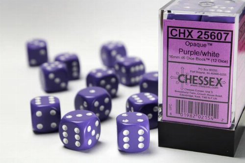 12 Opaque 16mm Pipped d6 - Purple w/white Dice
Block