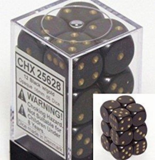 12 Opaque 16mm Pipped d6 - Black with Gold Dice
Block