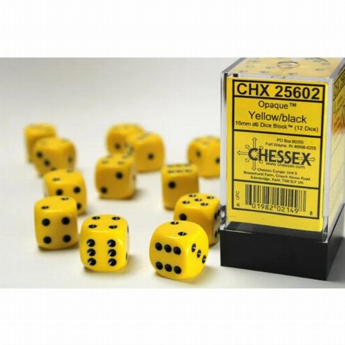 12 Opaque 16mm Pipped d6 - Yellow w/black Dice
Block