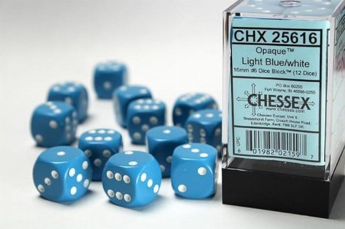 12 Opaque 16mm Pipped d6 - Light Blue w/white
Dice Block